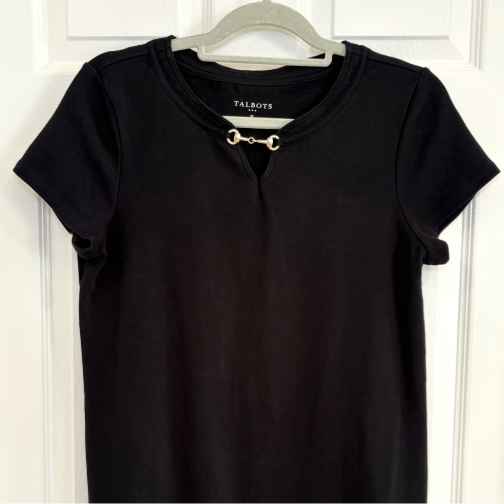 Talbots Black Short-Sleeve Classic Knit Dress Gold Hardware Women M 100% Cotton - Picture 6 of 11